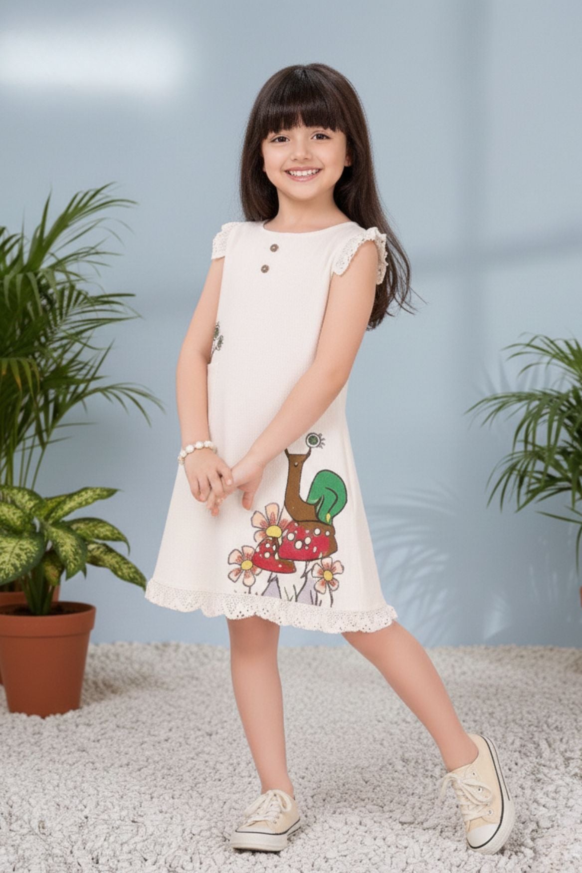 Cream Snail And Floral Print A-Line Dress For Girls