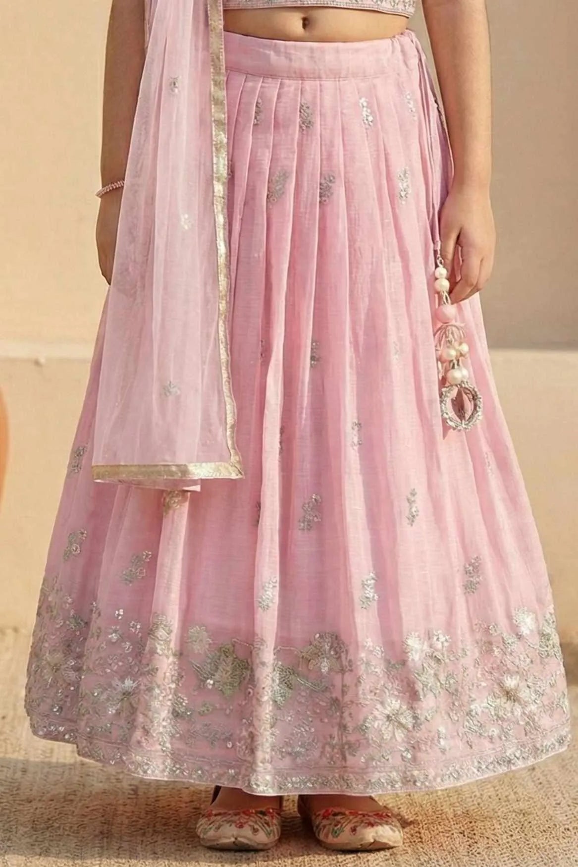 Pink Floral Embroidered Lehenga Choli with Dupatta For Girls
