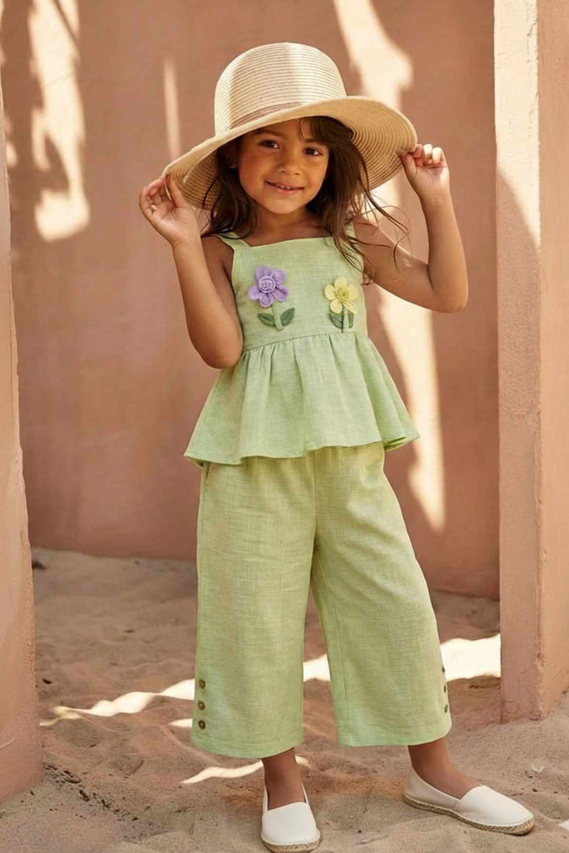 Pistachio Green Floral Appliqué And Palazzo Set For Girls