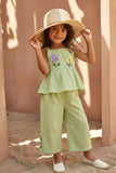 Pistachio Green Floral Appliqué And Palazzo Set For Girls