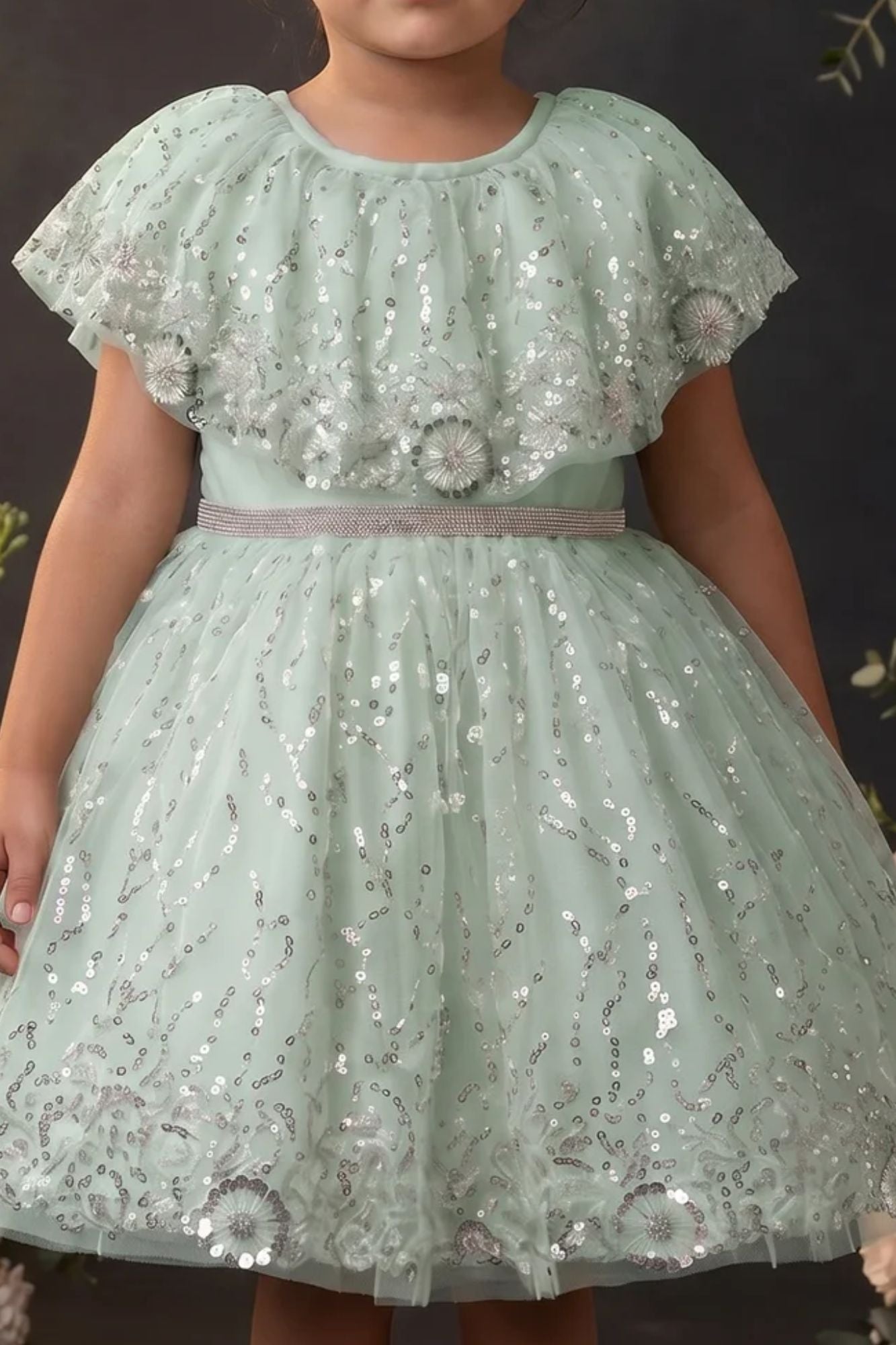 Girls Green Sequinned Net Party Wear Frock with Floral Embellishments
