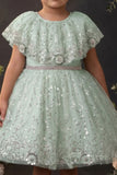 Girls Green Sequinned Net Party Wear Frock with Floral Embellishments