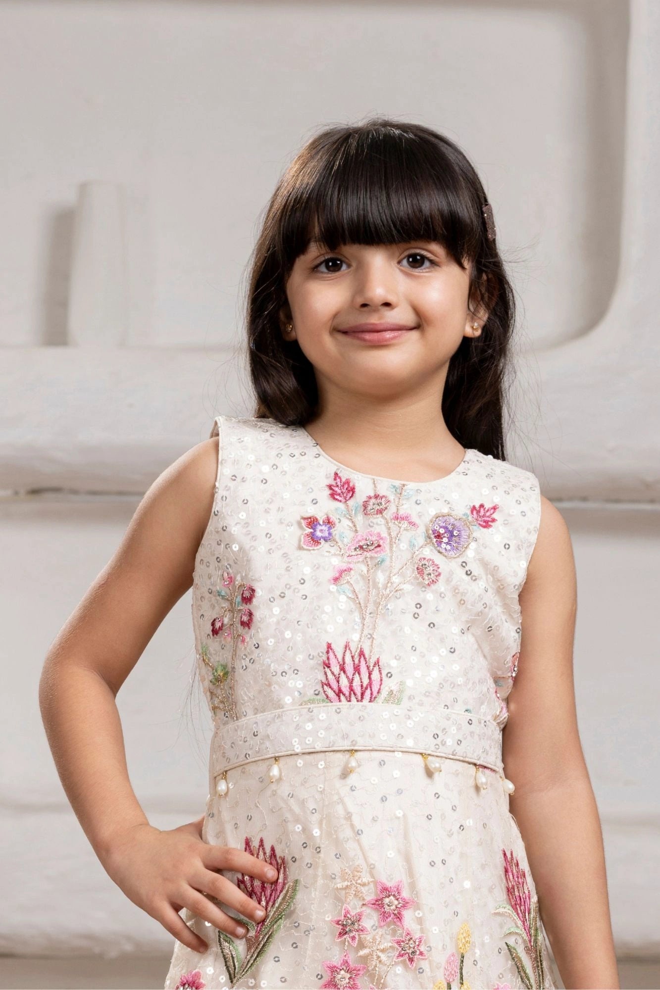 Cream Floral Embroidered Gown For Girls