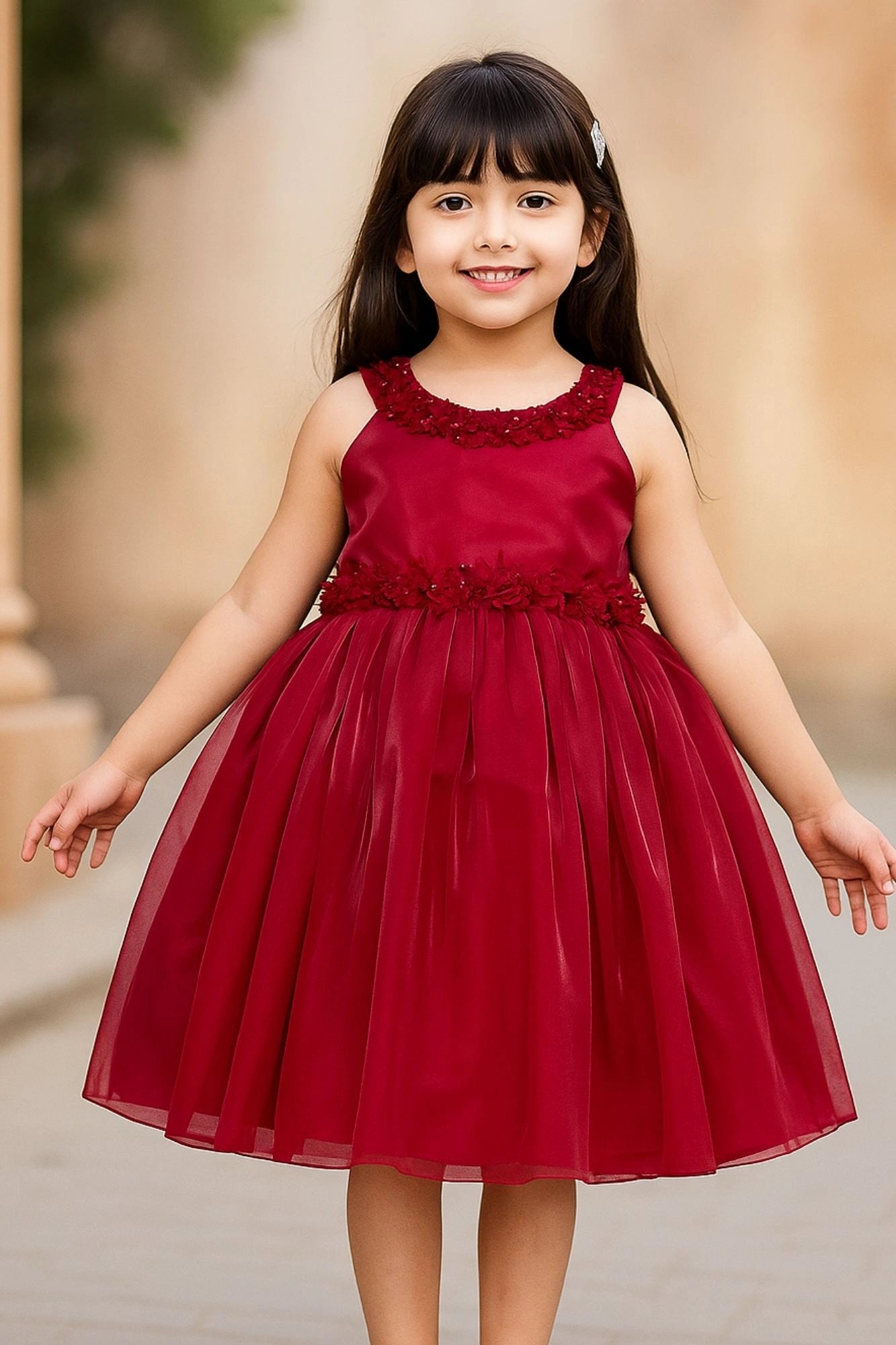 Rani Pink Embellished Satin Party Wear Frock with Floral Appliqué Detailing For Girls