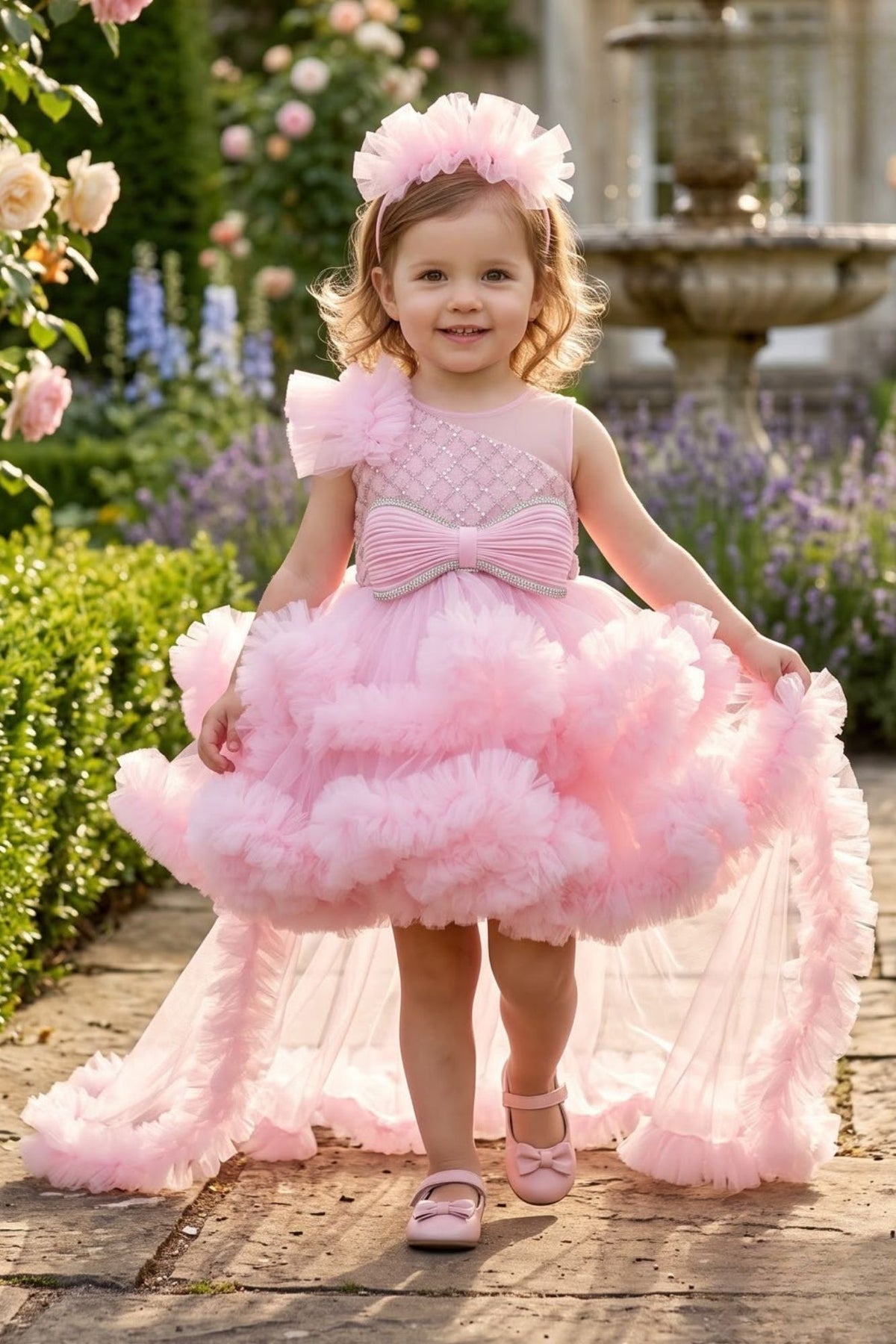Girls Pink Floral Net High-Low Party Frock