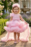 Girls Pink Floral Net High-Low Party Frock