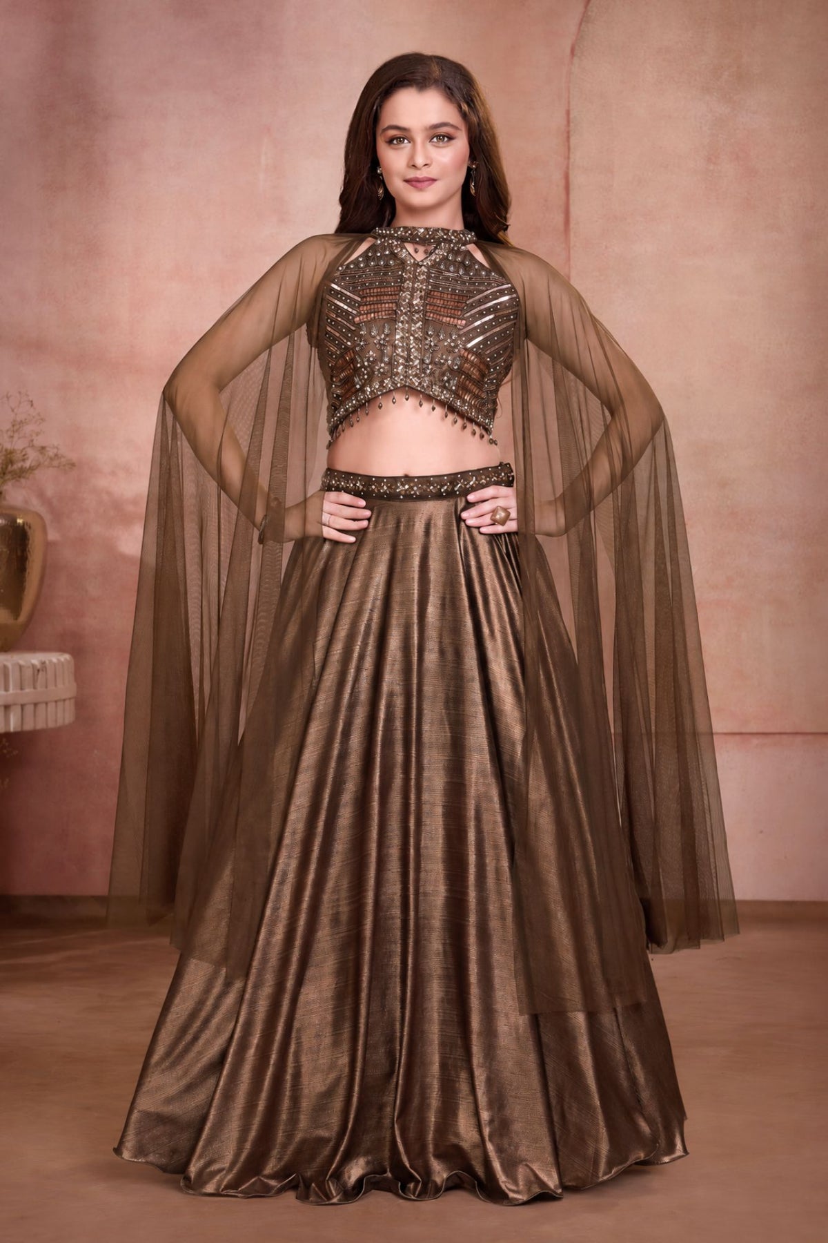 Girls Elegant Bronze Brown Sequin Embroidered Lehenga Choli Set with Cape