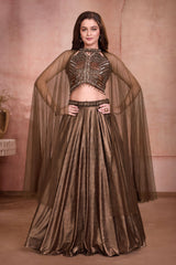 Girls Elegant Bronze Brown Sequin Embroidered Lehenga Choli Set with Cape