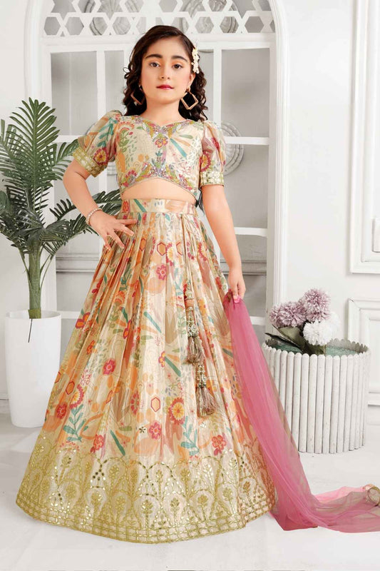 Ethnic Cream Printed And Sequin Lehenga Choli for Girls