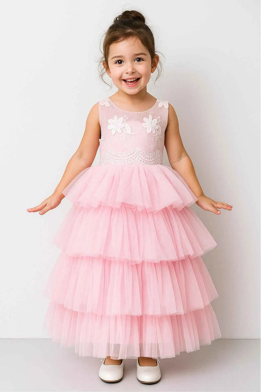 Pink Tiered Ruffle Party Gown With Floral Embroidery For Girls