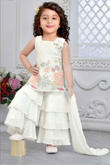 Cream Embroidered Top With Sharara Bottom Set For Girls