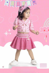 Stylish Pink Top And Printed Skirt Set For Girls