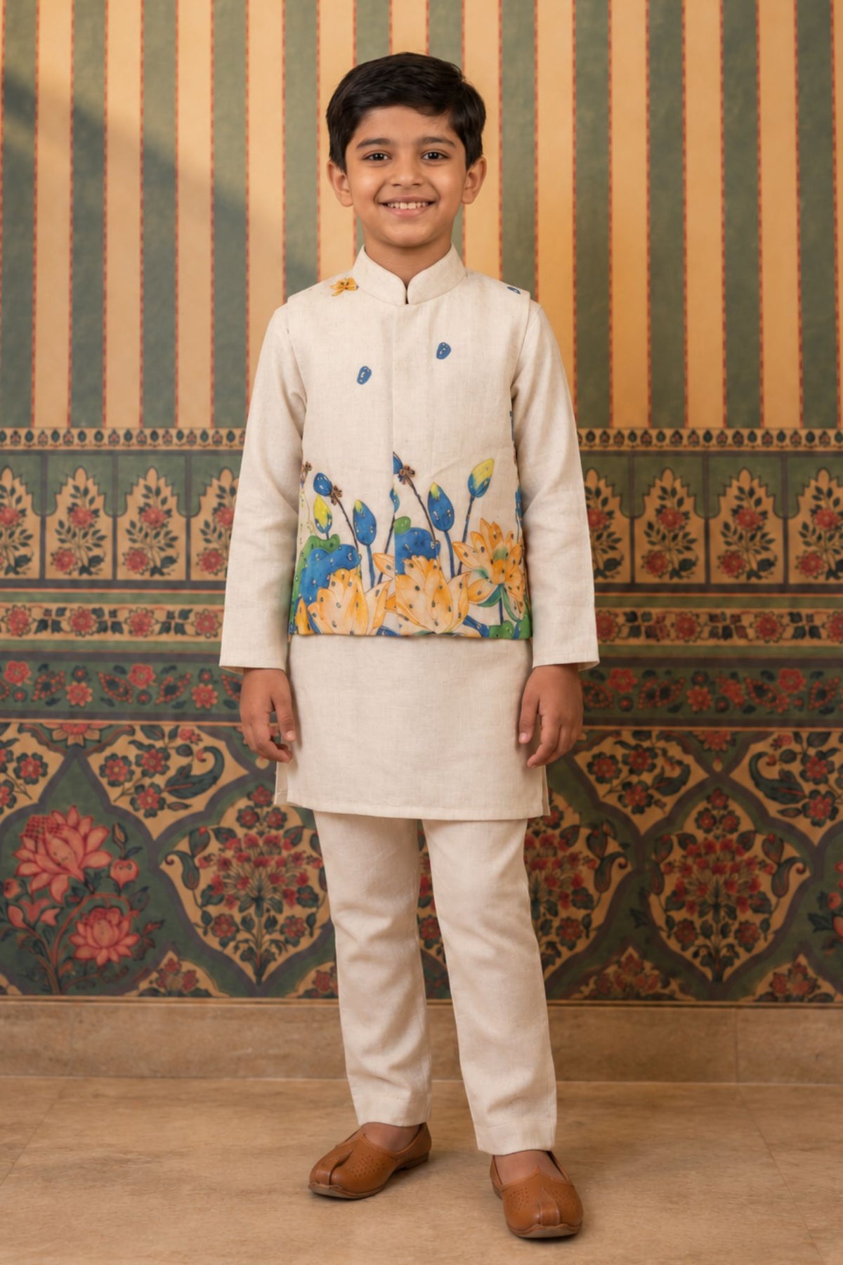 Ivory Kurta Pyjama Set with Floral Printed Nehru Jacket For Boys