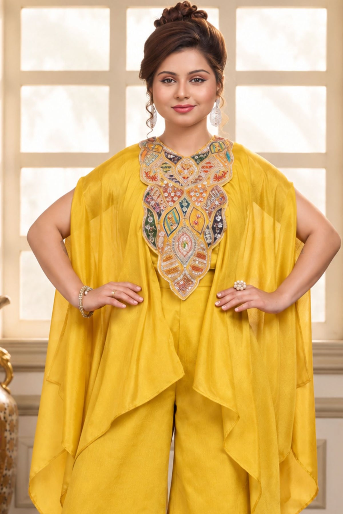 Mustard Yellow Multicolour Embroidered Cape Style Top With Wide-Leg Palazzo Set