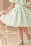 Pista Green One-Shoulder Party Frock with 3D Floral Bow For Girls