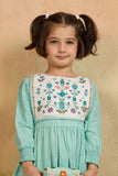 Sea Green Cotton Dress with Multicolor Floral Embroidered Yoke For Girls
