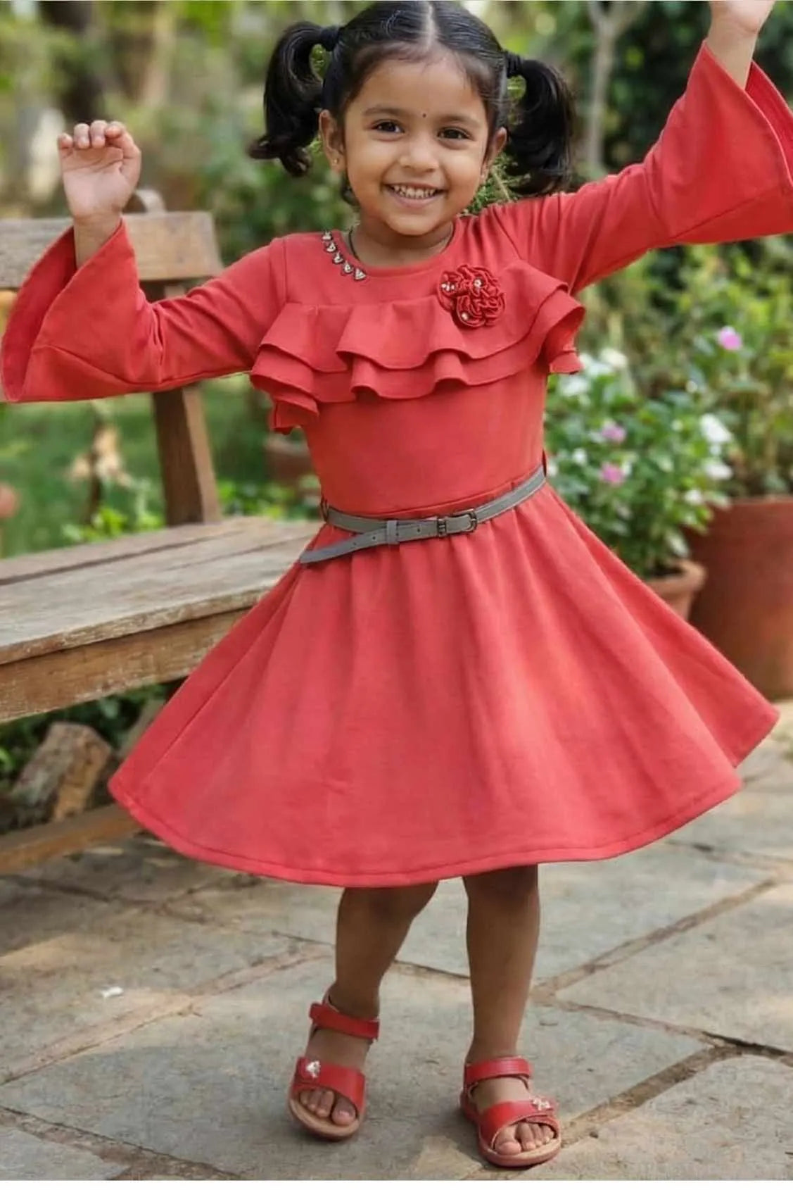 Coral Red Ruffle Frock with Belt For Girls