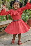 Coral Red Ruffle Frock with Belt For Girls