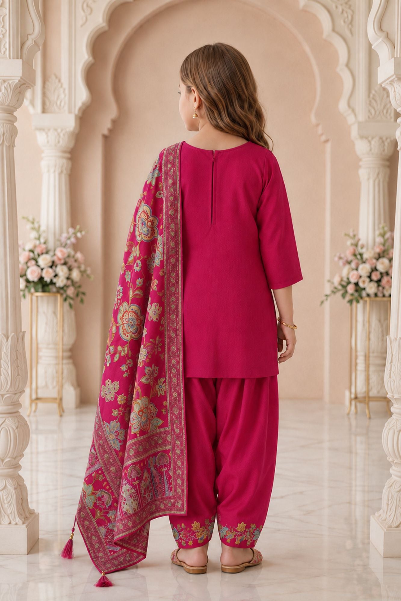 Rani Pink Delicate Floral Embroidered Patiala Set with Dupatta