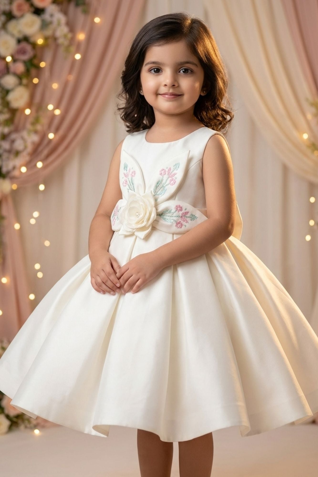 Cream 3D Floral Appliqué With Embroidery Party Wear Frock For Girls