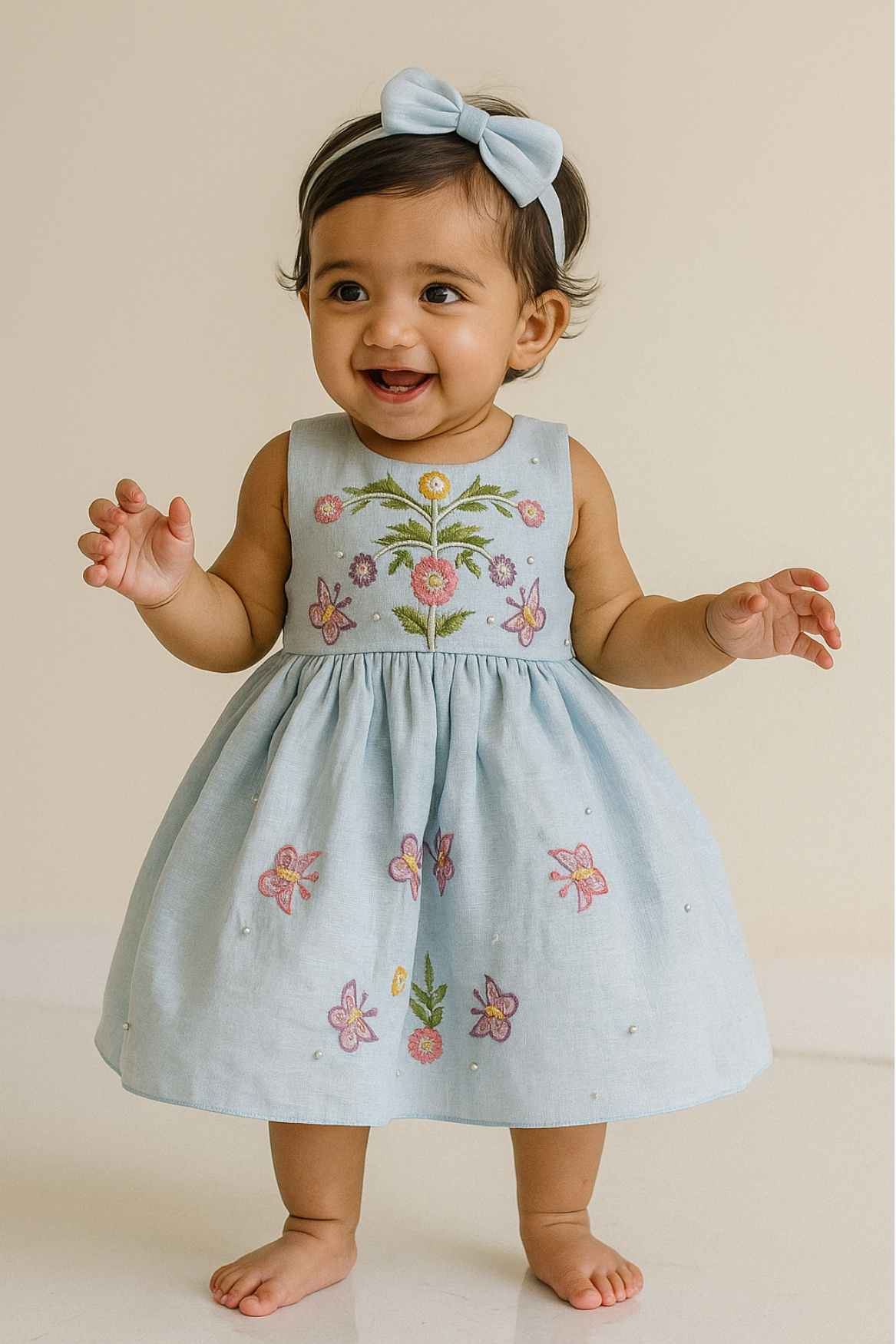 Sky Blue Sleeveless Embroidered Frock With Butterfly Motifs & Pearls For Girls