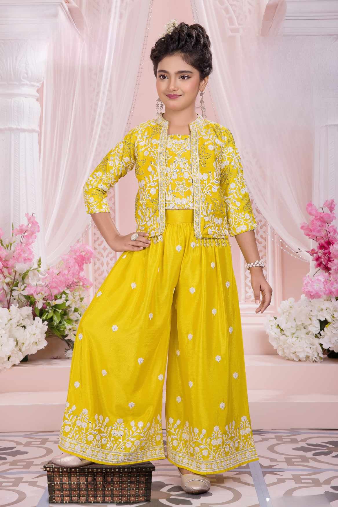 Sunshine Yellow Embroidered Jacket Palazzo Set For Girls