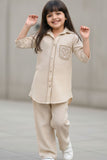 Cream Casual Top With Matching Straight Pant Set For Girls