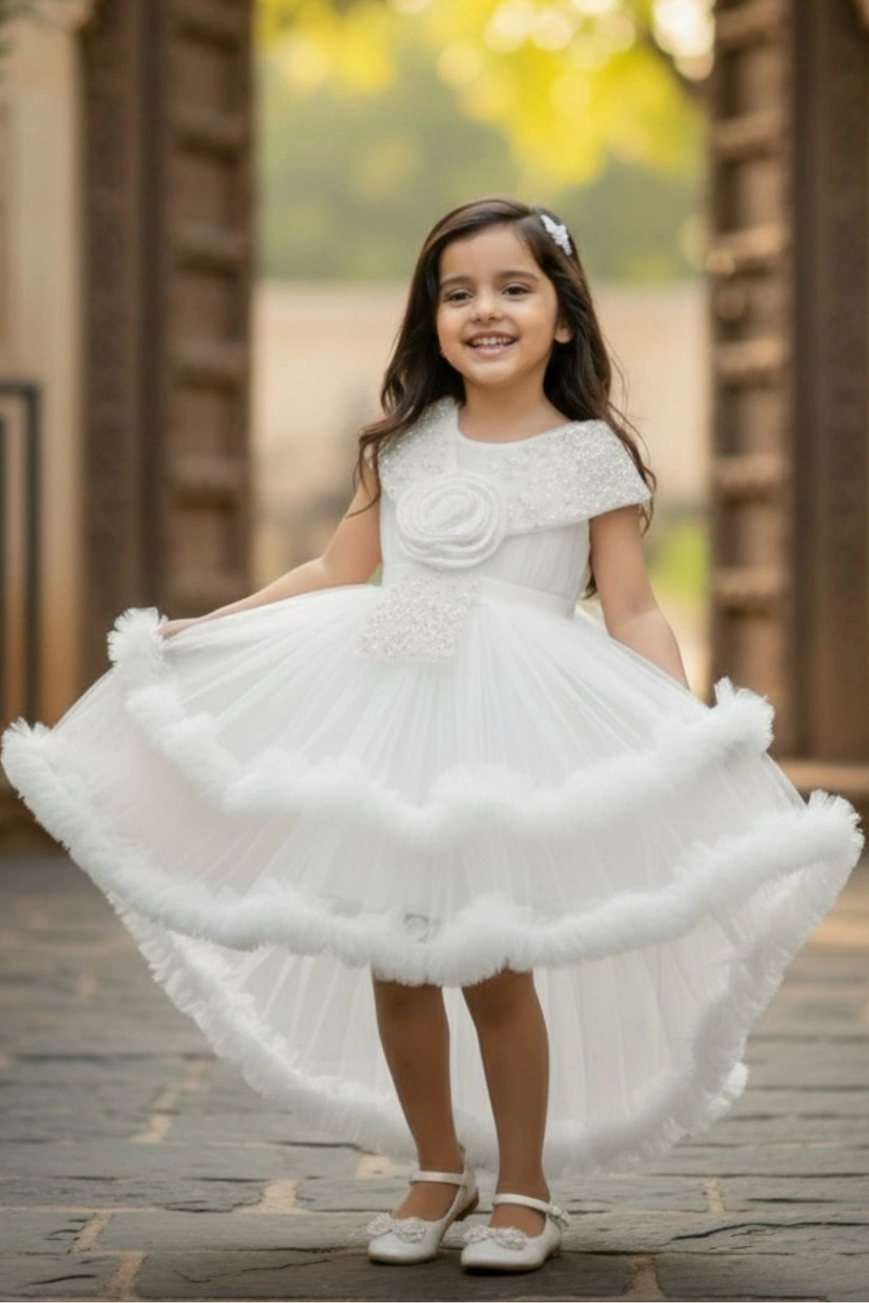 White Layered High-Low Party Frock With Tailback For Girls