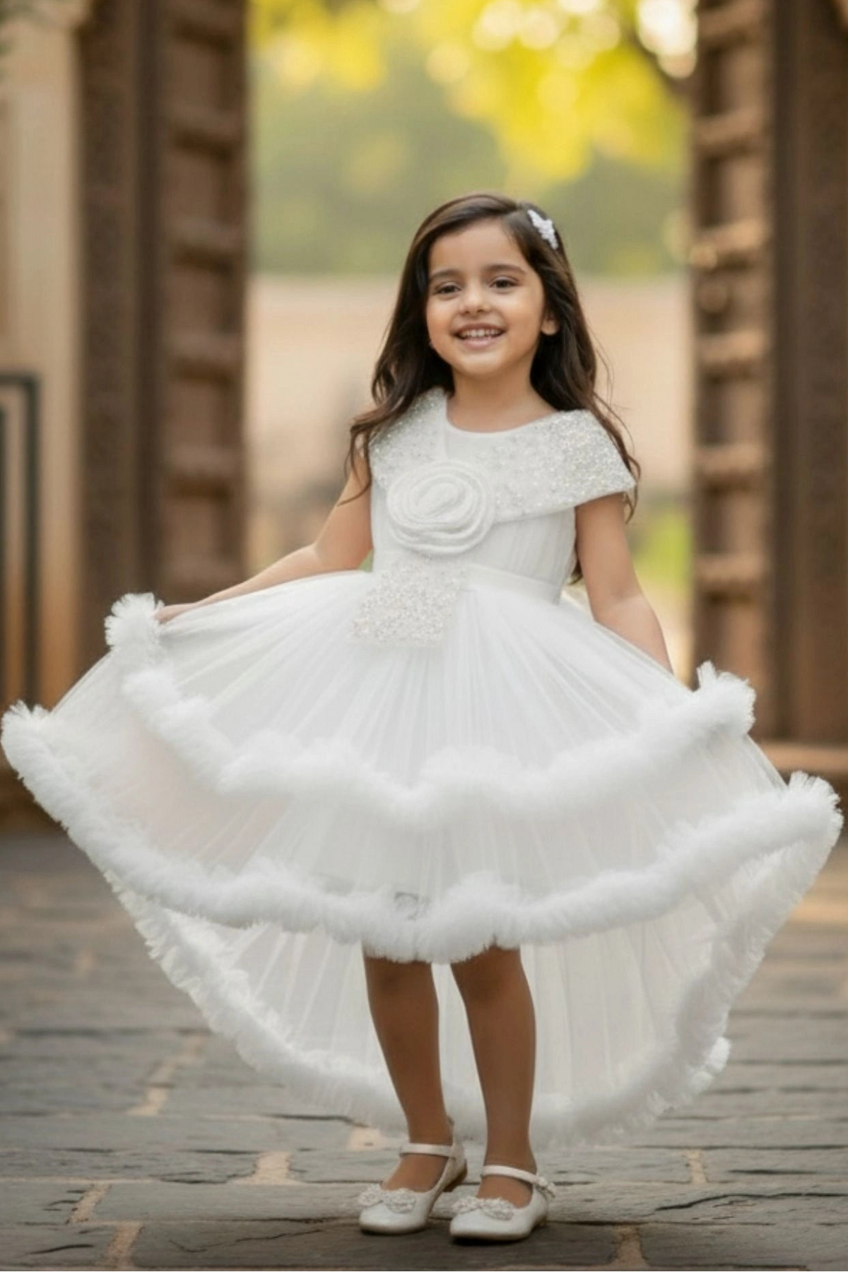 White Layered High-Low Party Frock With Tailback For Girls