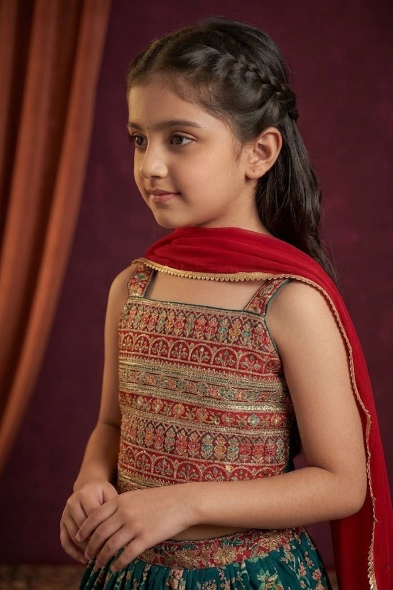 Girls Teal Green Floral Lehenga Choli with Dupatta and Traditional Embroidered Detailing