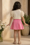 Girls Cream Floral Embroidered Top with Pink Skorts Set