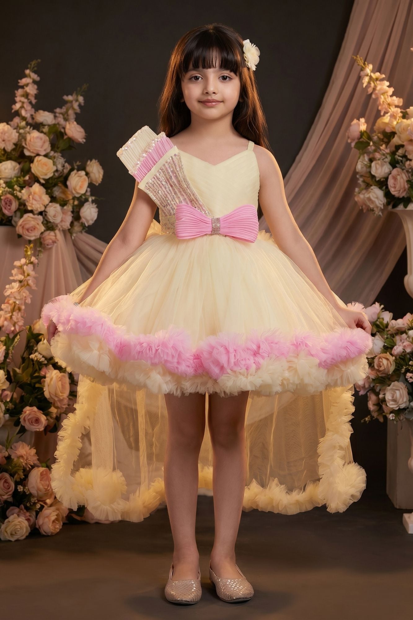 Girls Pastel Yellow and Pink High Low Party Dress with Sequin