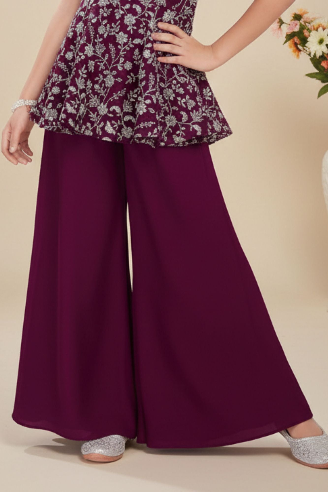 Wine Zari Embroidered Palazzo Set With Dupatta For Girls
