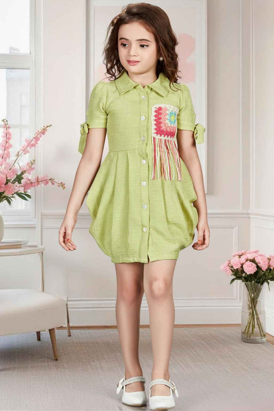 Green Dress With Crochet Embellished For Girls