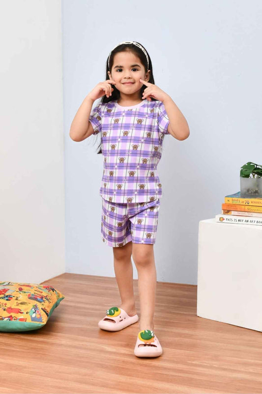 Soft & Stylish Lavender Checked And Teddy Bear Printed Night Suit Set for Girls