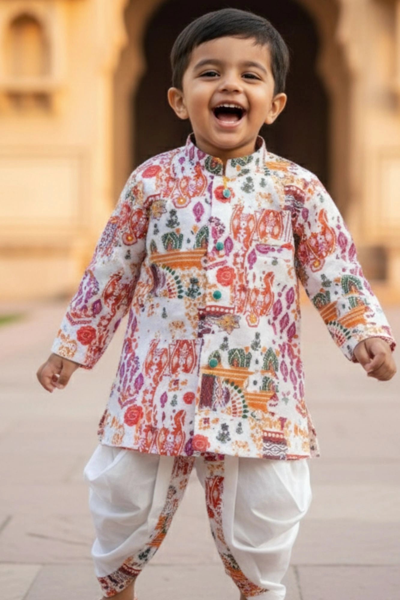 Cream And Multicolor Printed Kurta And Dhoti  Set for Boys