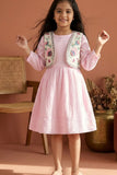 Casual Blush Pink Cotton Dress with Embroidered Jacket for Girls