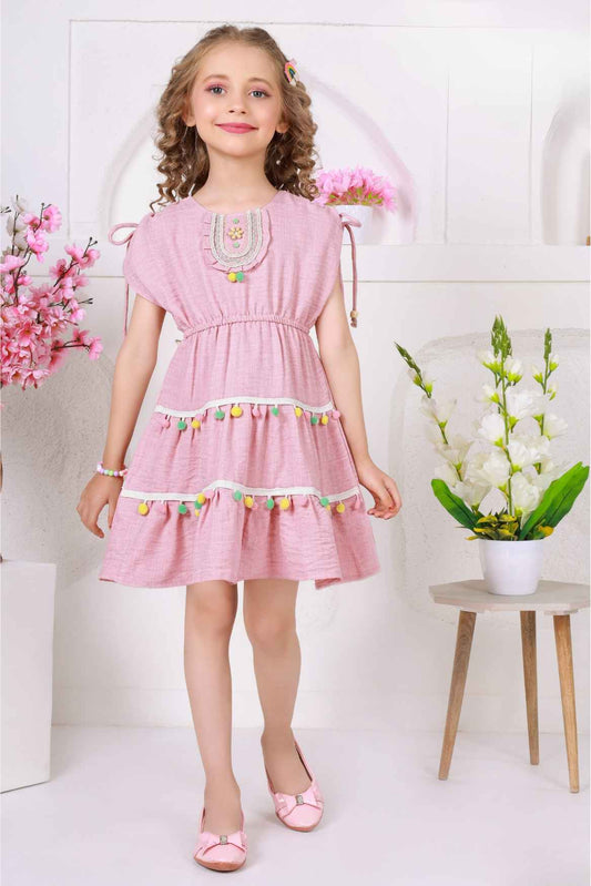 Pink Pom-Pom Cotton Frock with Embroidered Yoke For Girl