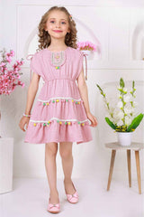 Pink Pom-Pom Cotton Frock with Embroidered Yoke For Girl