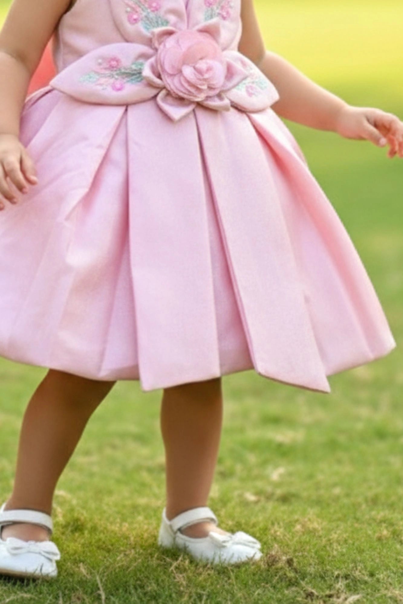 Baby Pink 3D Floral Appliqué With Embroidery Party Wear Frock For Girls