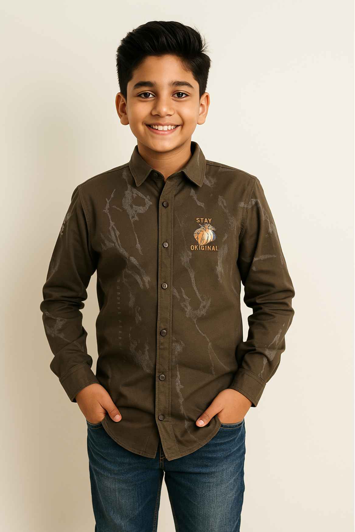 Olive Green Printed Shirt With "Stay Original" Tiger Graphic For Boys