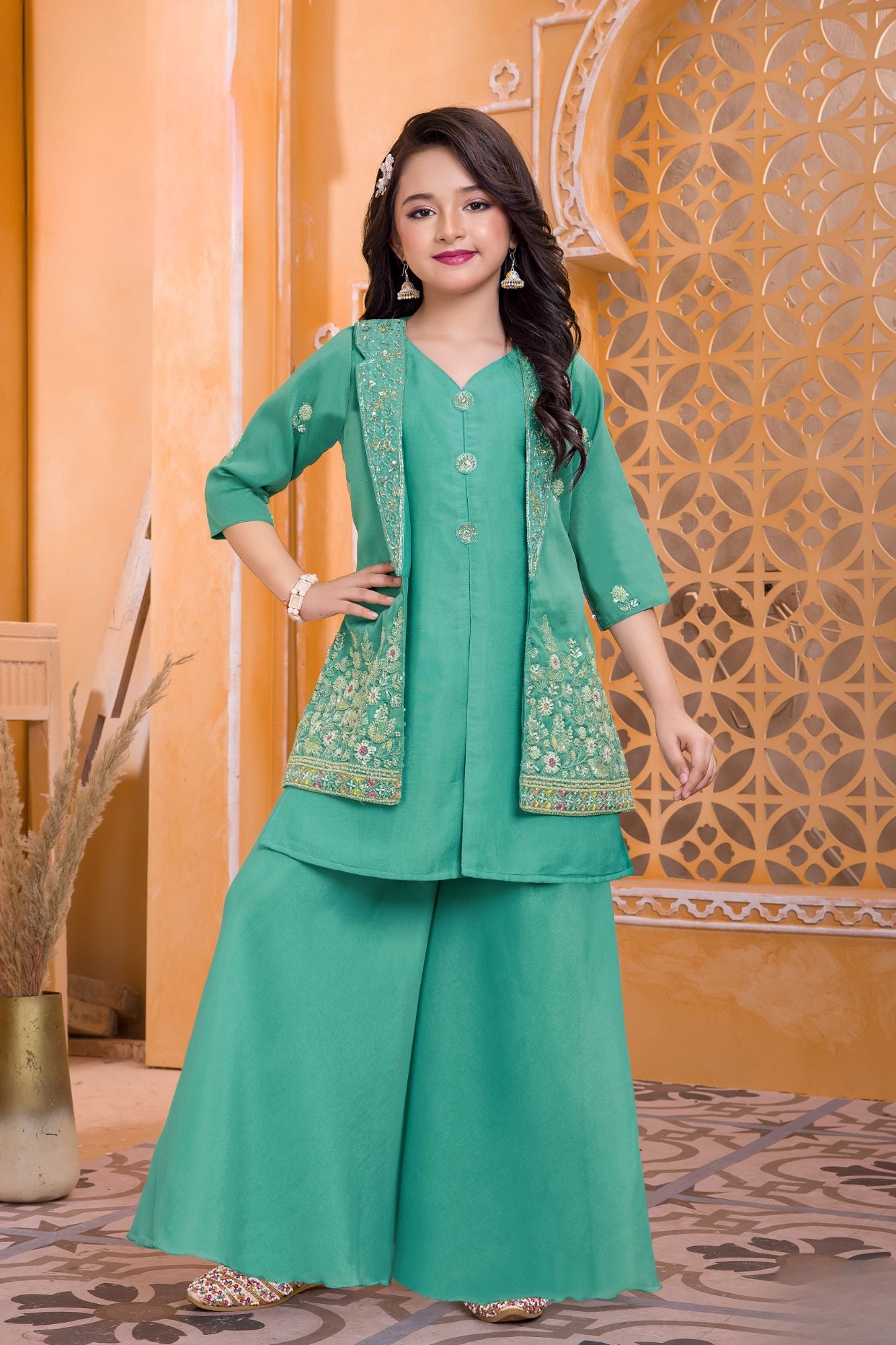 Girls Sea Green Embroidered Kurti Palazzo Set with Jacket