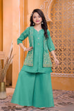 Girls Sea Green Embroidered Kurti Palazzo Set with Jacket