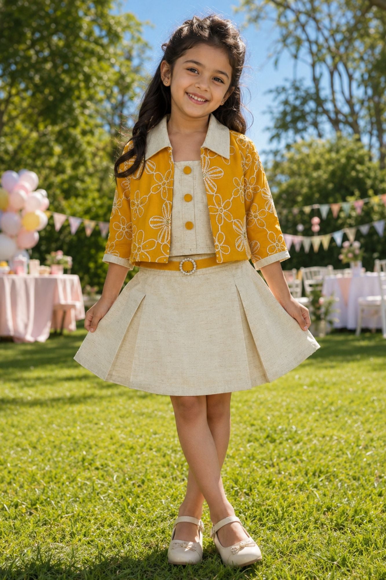 Mustard Yellow Embroidered Jacket and Skirt Set