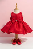 Ruby Red Party Frock with Pleated Bodice and Bow Belt For Girls