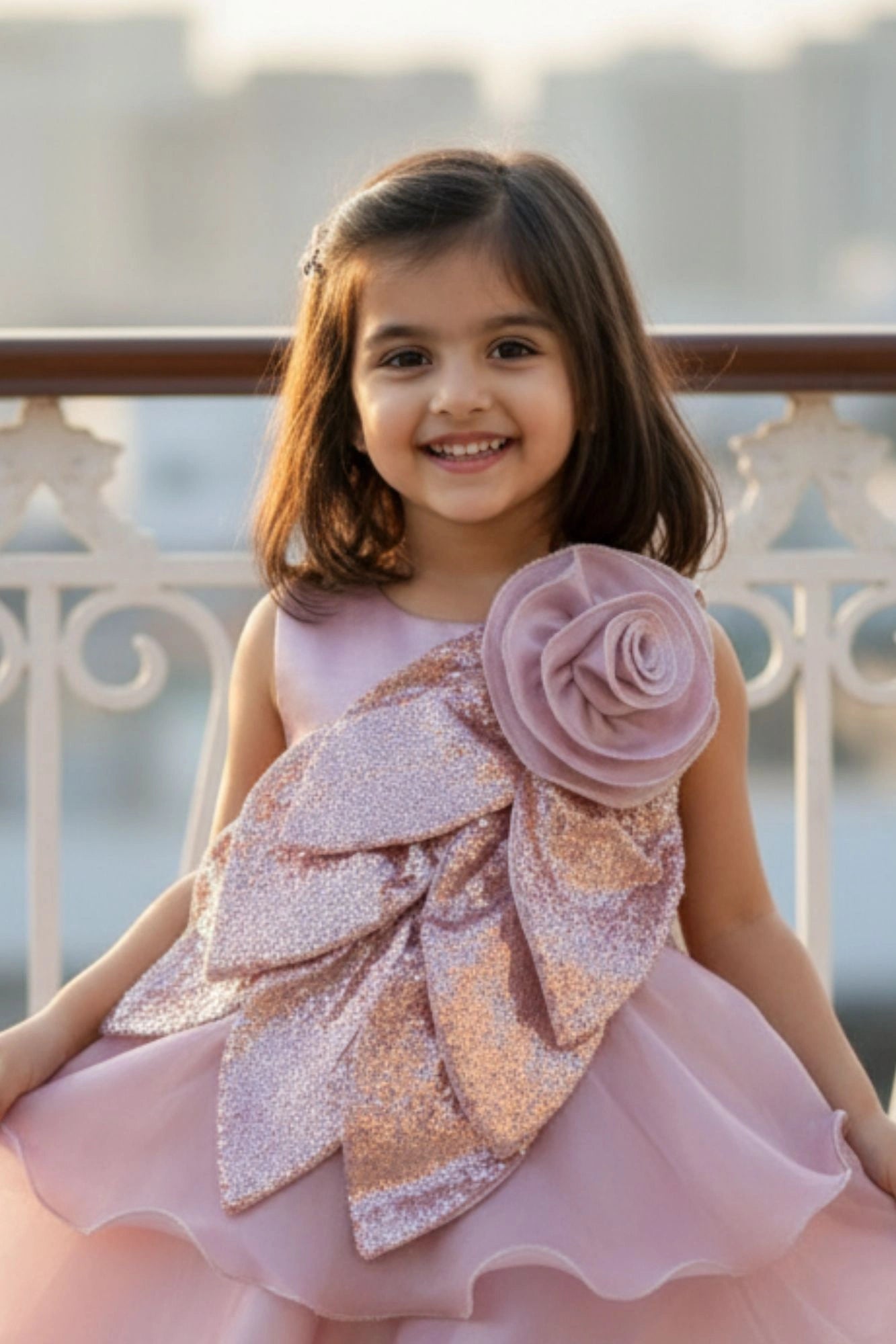 Dusty Pink Embellished Glitter Bow Party Dress for Girls