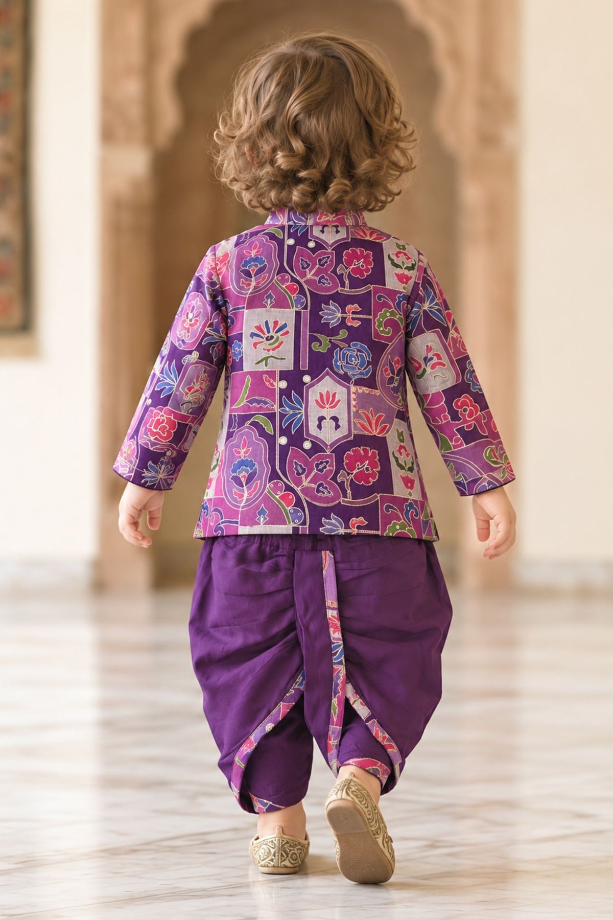 Boys Purple Multicolour Floral Printed Kurta Dhoti Set