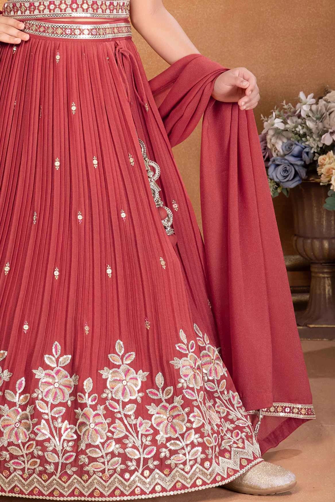 Red Embroidered Lehenga Choli with Dupatta For Girls