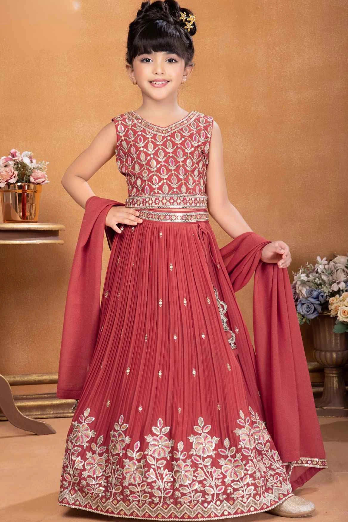 Red Embroidered Lehenga Choli with Dupatta For Girls