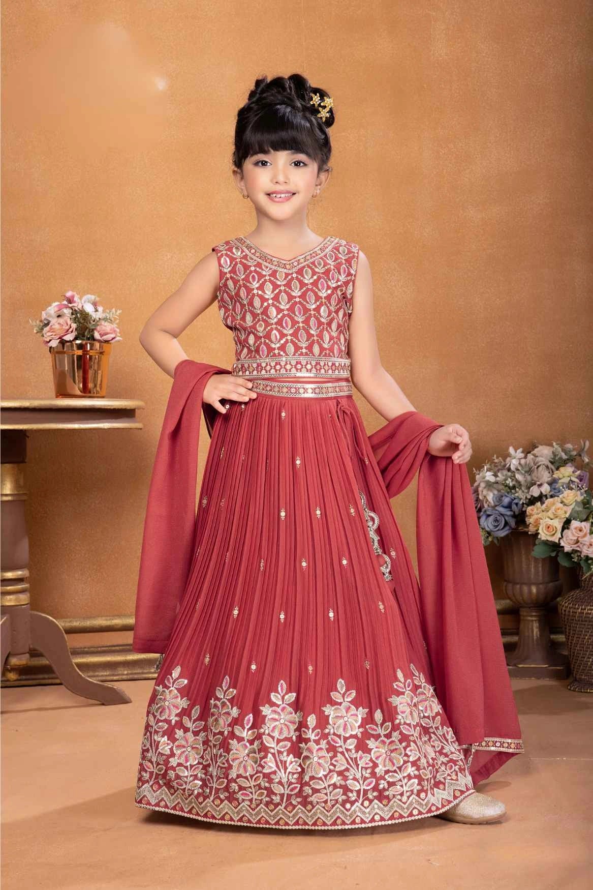 Red Embroidered Lehenga Choli with Dupatta For Girls